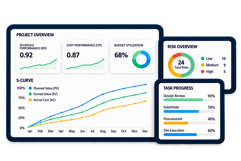 INDUS PMO project overview dashboard showing schedule and cost performance, budget utilization, project performance S-curve, risk overview and task progress